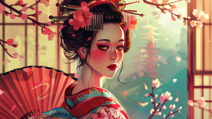 Glamorous Japanese Geisha Illustration