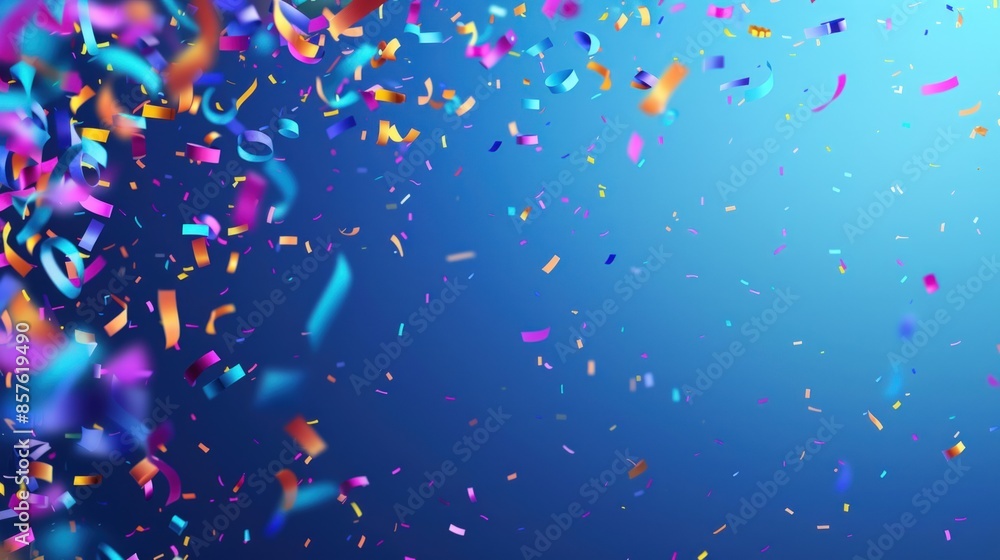 Poster a blue background with colorful confetti falling from the sky. generate ai image