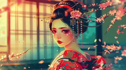 Glamorous Japanese Geisha Illustration