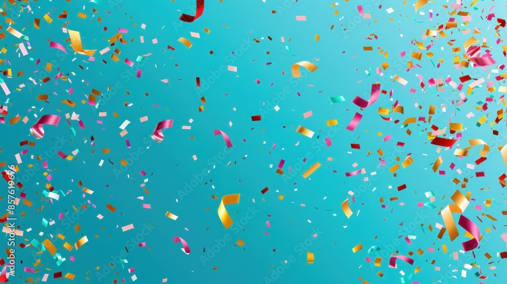 Poster a blue background with colorful confetti falling from the sky. generate ai image