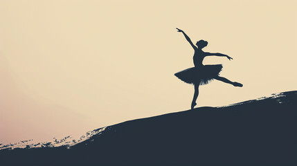 Silhouette of a ballerina dancing gracefully on a hill at sunset, capturing the beauty and elegance of ballet in a serene natural setting.