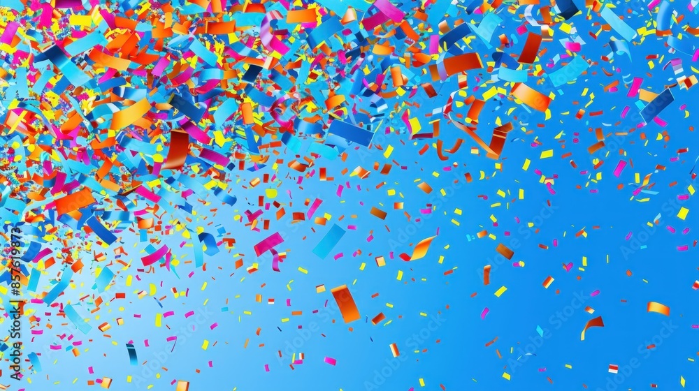 Poster a blue background with colorful confetti falling from the sky. generate ai image