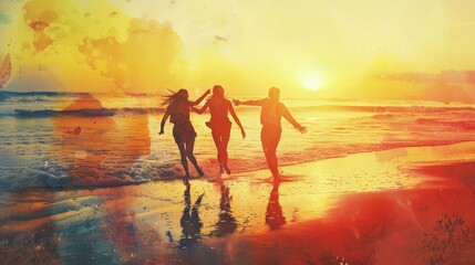 Fototapeta premium Three people are running on the beach at sunset. Scene is joyful and carefree