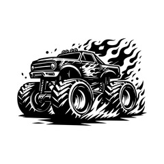 monster car and flame logo design for t-shirt clothing brand. T-shirt logo design concept