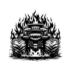 monster car and flame logo design for t-shirt clothing brand. T-shirt logo design concept