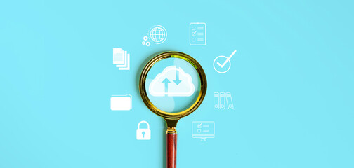 Magnifying glass focus to cloud technology icon for cloud storage network technology.
