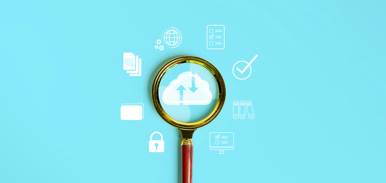Magnifying glass focus to cloud technology icon for cloud storage network technology.