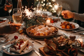 Create a festive and joyous atmosphere for a special dinner with sparklers and holiday decorations, bringing family and friends together to celebrate the occasion in a cheerful manner