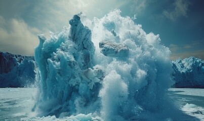 Fototapeta premium A scene of a melting glacier with large chunks of ice breaking off into the ocean, illustrating the impacts of global warming