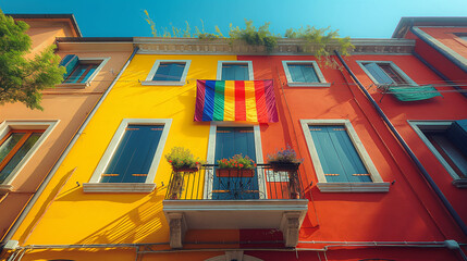A photo of a pride flag hanging from a balcony, architectural photography, hd, with copy space