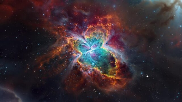 An artistic rendition of the M1 Crab Nebula surrounded by the dynamic and colorful sprawl of gases and dust, vividly colored with reds from hydrogen, greens from sulfur, and blues from oxygen
