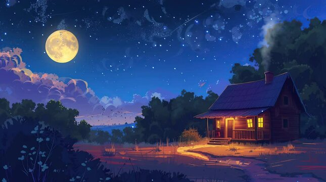 Glowing house in a fantasy forest night with sky full of glowing moon
 Seamless looping 4k time-lapse virtual video animation background. Generated AI