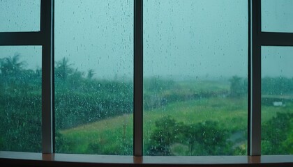 Rain drop on glass window with green plant outside home, Abstract background of rain water wet on window