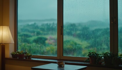 Fototapeta premium Rain drop on glass window with green plant outside home 