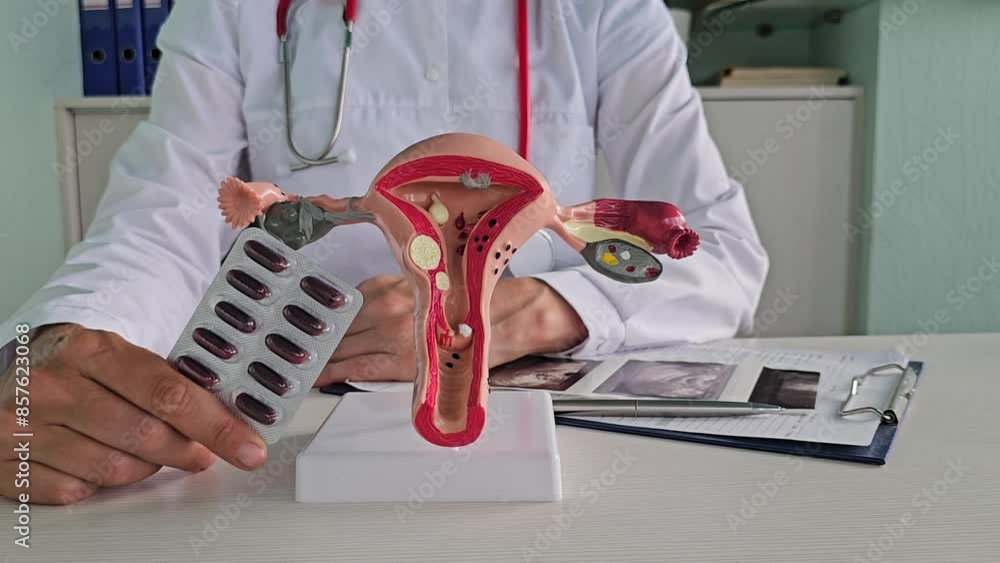 Sticker gynecologist holds pills in a container, a close-up