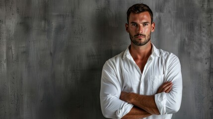 Man in white shirt crossing arms on gray background