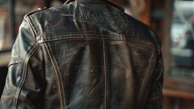 Focus on the back of vintage buffalo leather moto jacket