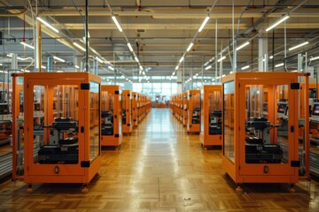 Industrial manufacturing facility with vibrant orange machinery and abundant natural light in large room