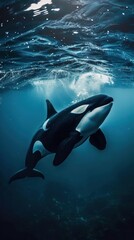 Obraz premium A large orca whale swims through the ocean