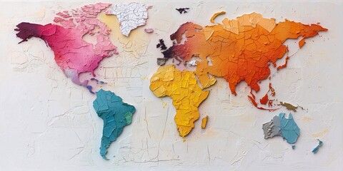 Colorful world map with textured continents displaying various shades and hues, perfect for educational and decorative purposes.