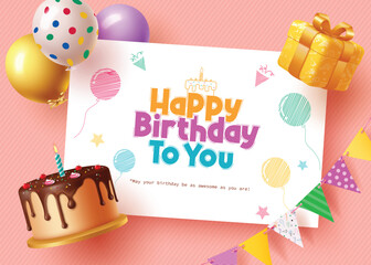 Happy birthday invitation card vector template. Birthday greeting text in white blank paper space with cake, balloons, gift box and pennants decoration elements. Vector illustration invitation card.  