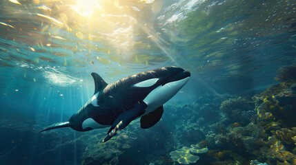 Fototapeta premium Killer whale swims near the surface of the ocean