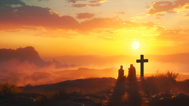 orando a los pies de la cruz de Dios en oracion y agradecimiento religion catolica cristiana orando con fe y esperanza 