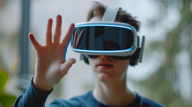 hombre con lentes de realidad virtual cibernetico en el ciberespacio simulacion de la realidad tridimensional