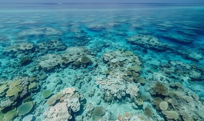 Fototapeta premium An aerial view of a coral reef suffering from bleaching, with vast areas of white, lifeless corals contrasted against patches of healthy ones