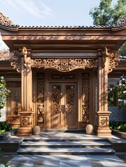 Cultural Beauty: Wooden Entrance Gate with Floral Carvings