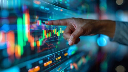 Strategic Insights: Businessman's Hand Pointing at Financial Graph on Digital Screen