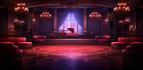 club background with red chairs, wood table, and hanging chandeliers on a red floor