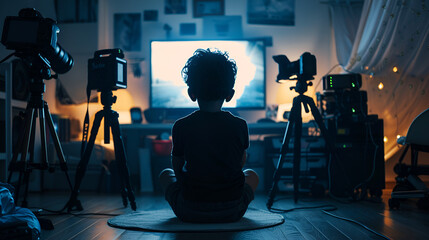 niño pequeño en su habitacion rodeado de aparatos de camaras y pantallas viendo la television tomando fotos y grabando videos como influencer sentado en medio del cuarto 