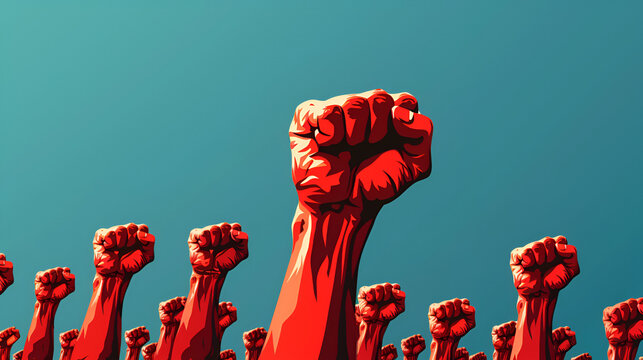 grupo de personas levantando el pu&ntilde;o en se&ntilde;al de protesta por sus derechos humanos por la paz y la libertad en contra del gobierno y de la politica 