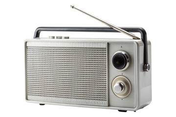 A classic silver portable radio with an extended antenna