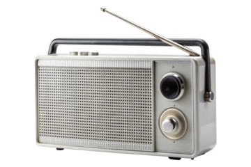 A classic silver portable radio with an extended antenna