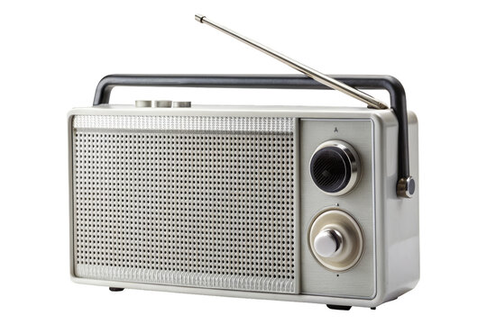A classic silver portable radio with an extended antenna