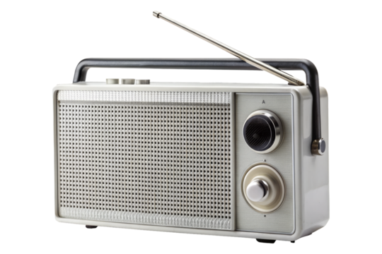 A classic silver portable radio with an extended antenna