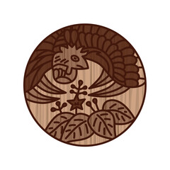 木彫り風円形シンプル花札　師走　桐　鳳凰　12月　桐に鳳凰