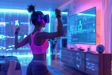 Fototapeta premium Futuristic woman wearing virtual reality Exercise guided by holographic instructors projected on display at modern smart Home 