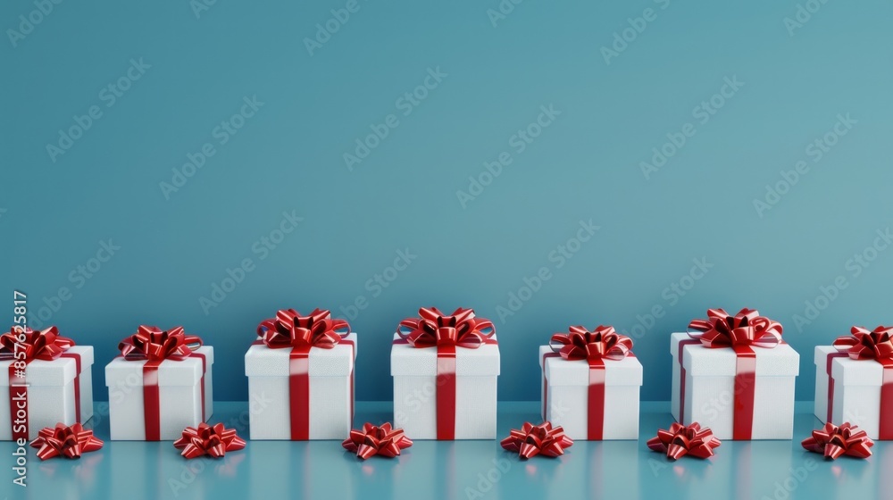 Poster a row of white and red boxes with red bows on top. generate ai image