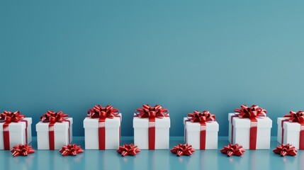 A row of white and red boxes with red bows on top. Generate AI image