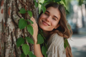 Cool embrace of forest during colder weather, Caucasian woman tenderly holds tree, green leaves framing her face, her delighted smile echoing deep joy of connecting with nature.