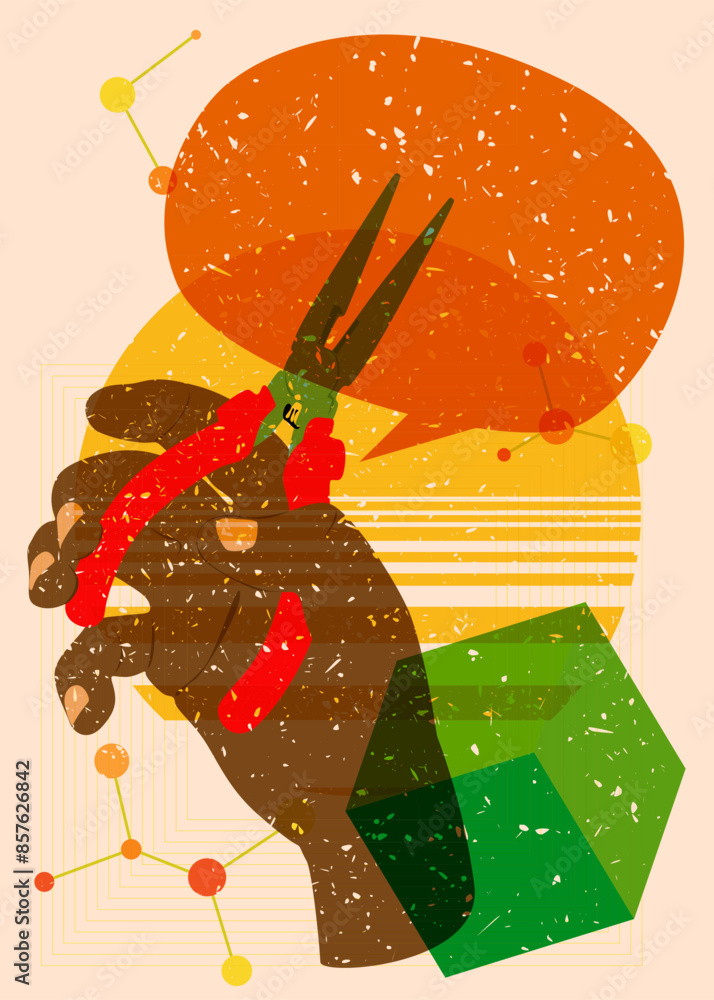 Poster risograph pliers, tongs. a hand tool used to hold objects securely. with speech bubble with geometri