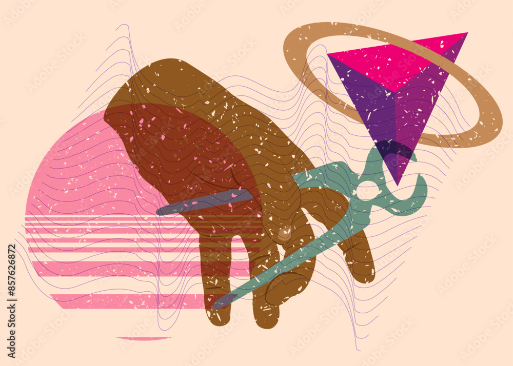 Poster risograph pliers, tongs. a hand tool used to hold objects securely. with speech bubble with geometri