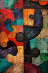 A single puzzle, brightly colored, fitting into an abstract, complex design, representing the fitting together of ideas to form a complete picture