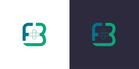 Letter F and B logo monogram, minimal style identity initial logo mark with a medical cross. vector emblem green and blue logotype for business cards initials.