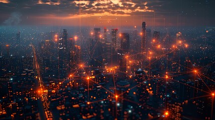 A cityscape at dusk with an orange glow, showcasing tall buildings interconnected by a digital network grid, highlighting urban technology and connectivity.