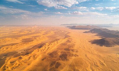 A desertification scene with once fertile land now turned into barren desert, with sand dunes encroaching on former agricultural fields