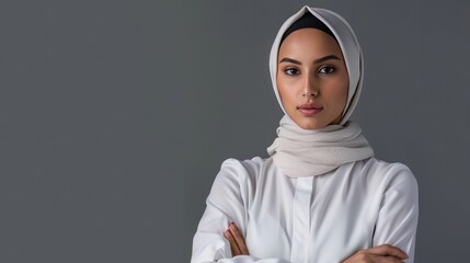 Fototapeta premium Beautiful young Islamic woman in white hijab wearing white shirt crossing arms on gray background.